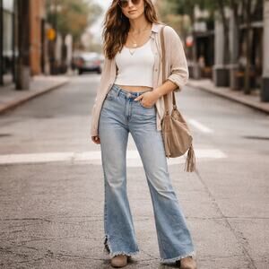 We The Free by Free People Distressed Flare Jeans 28 | Raw Hem | Boho Denim